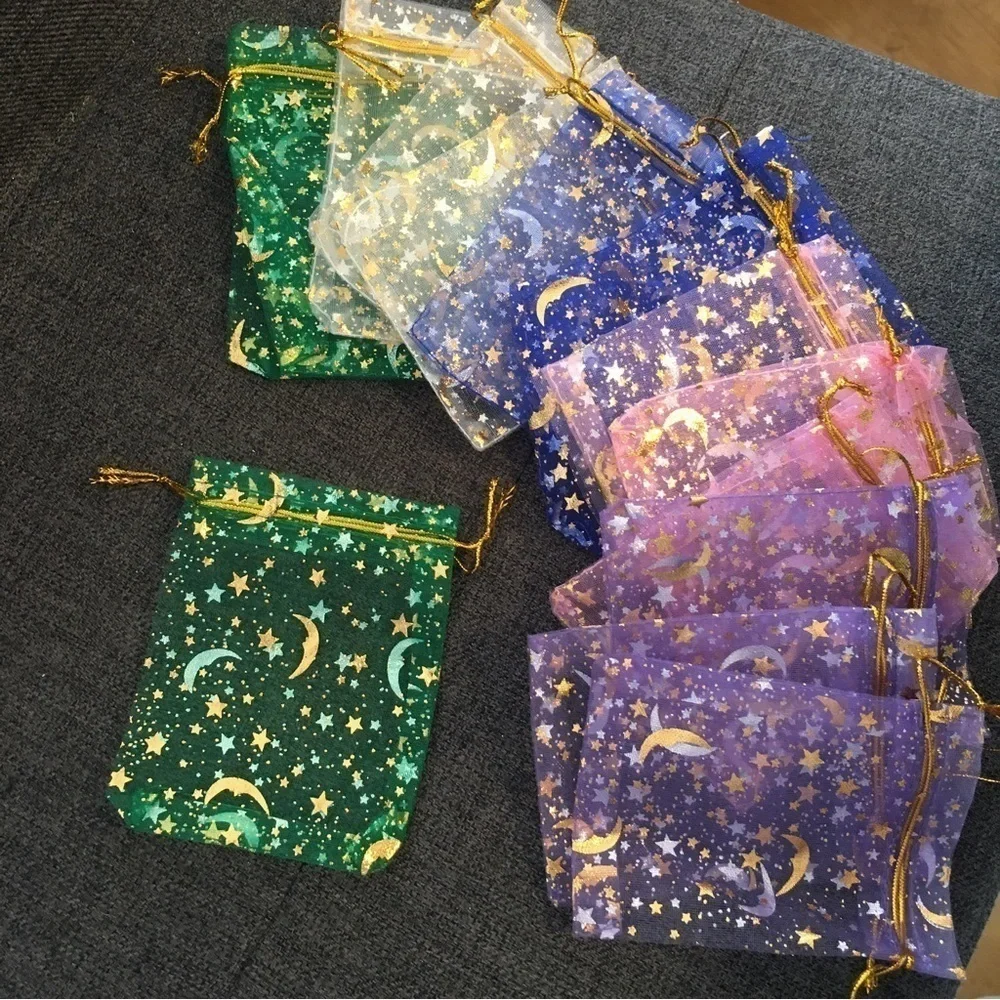 12 Count - Moon + Star Small Jewelry Organza Drawstring Bags, ~4 x 5 inches